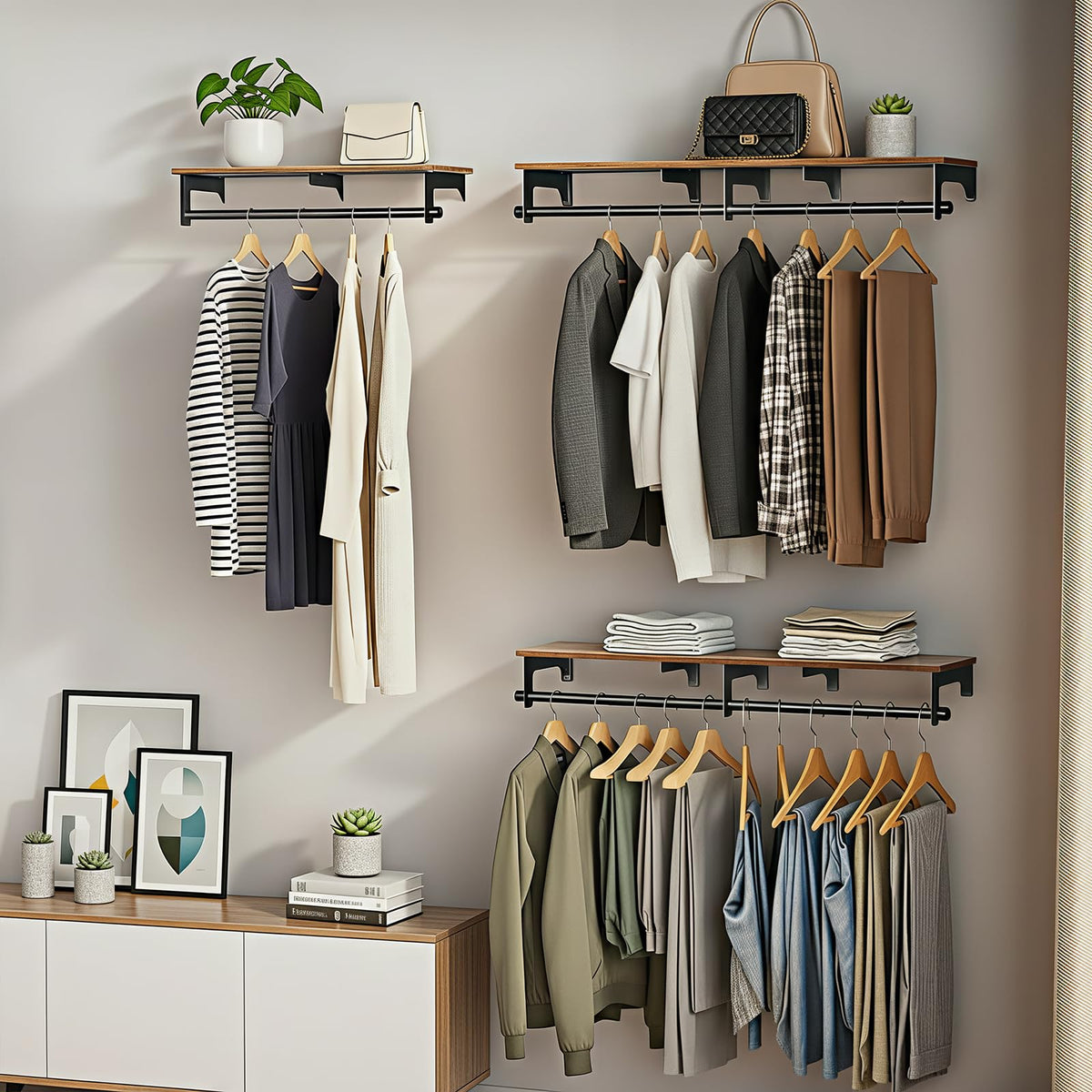 Luxspire wall-mounted clothes rack retro-industrial style wood shelf detail
