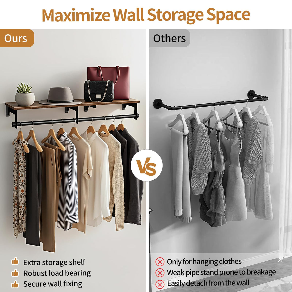 Luxspire wall-mounted clothes rack top shelf detail for hats and bags