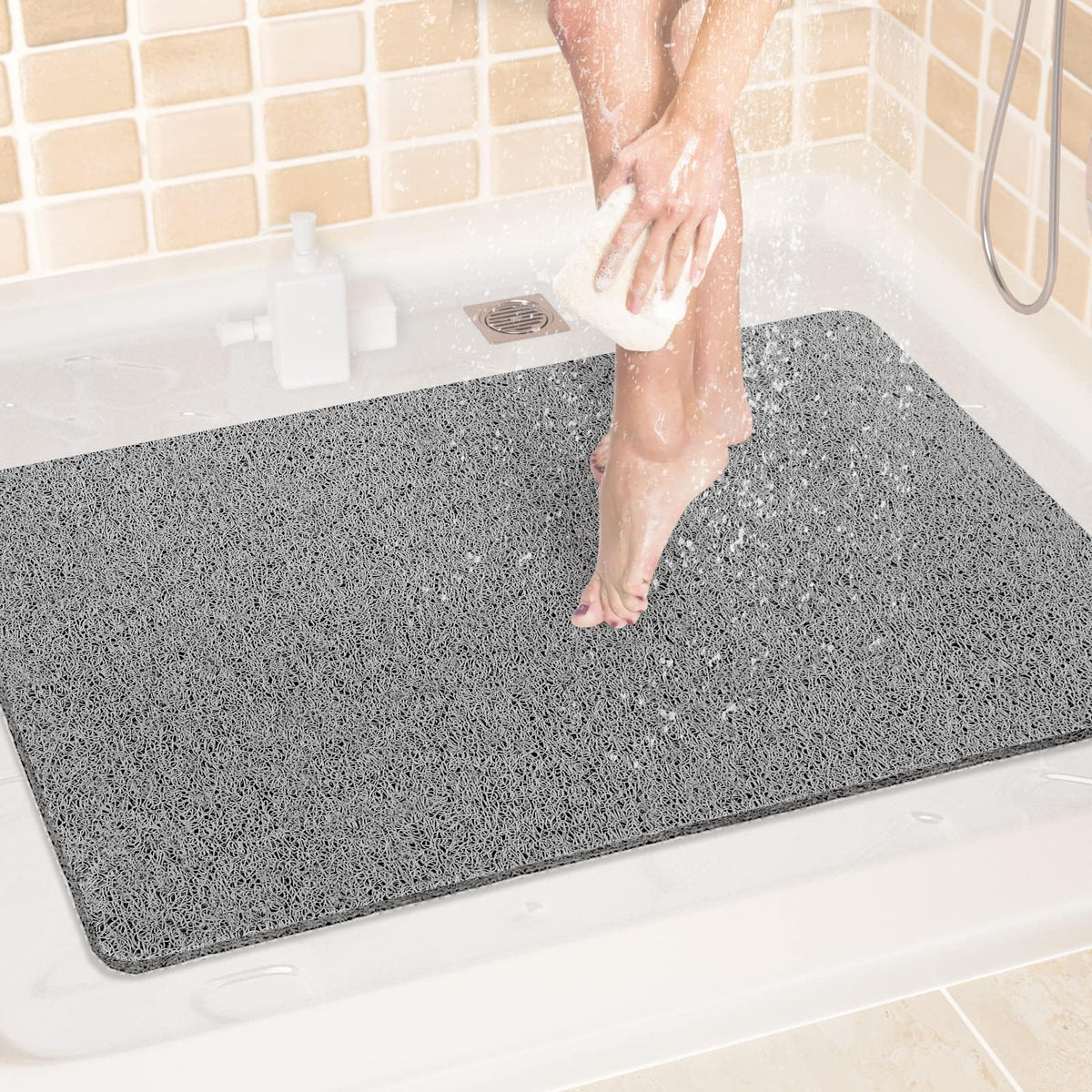 LuxStep non-slip shower mat 24x32 gray keeps feet secure during showers.