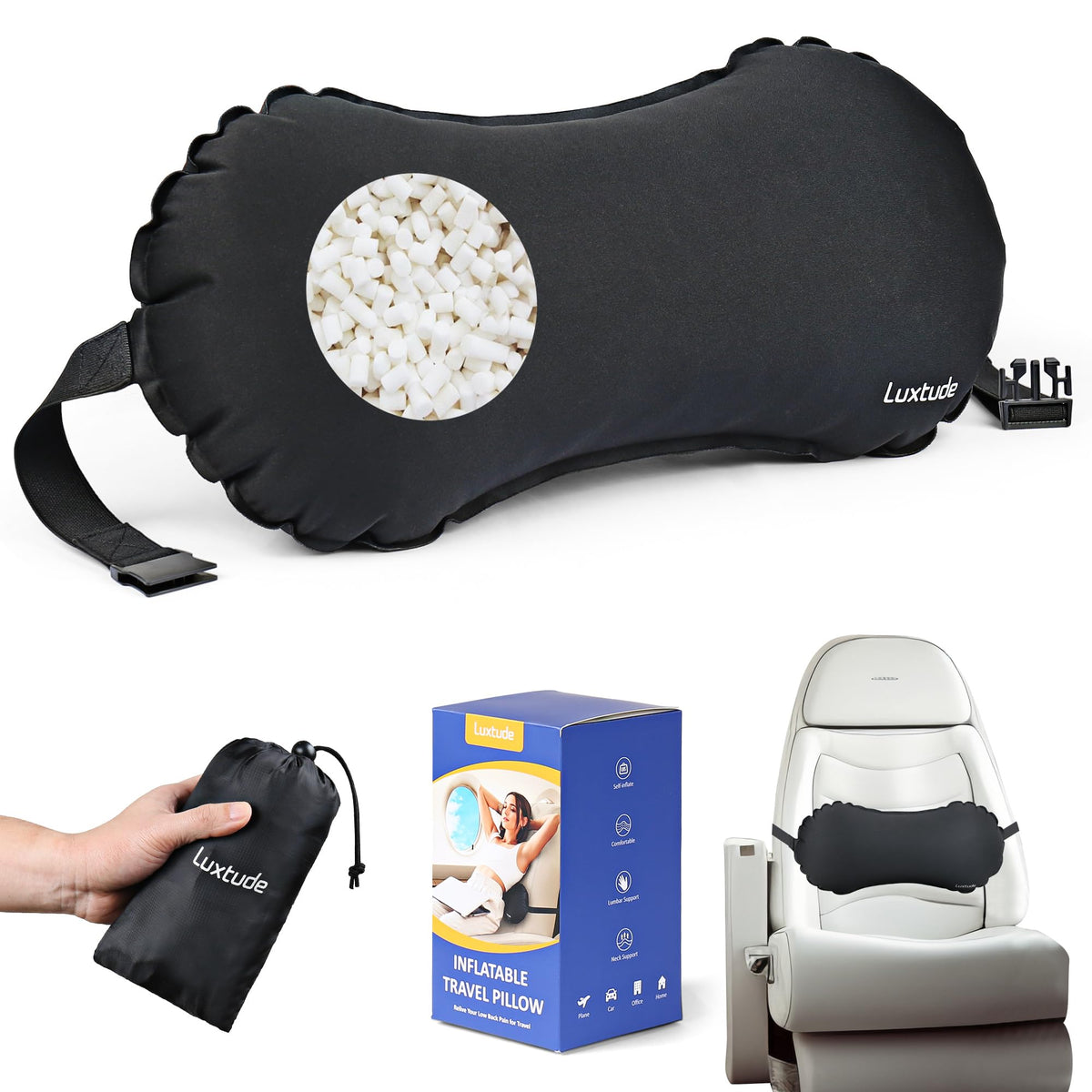 Luxtude inflatable lumbar pillow provides portable back support on planes