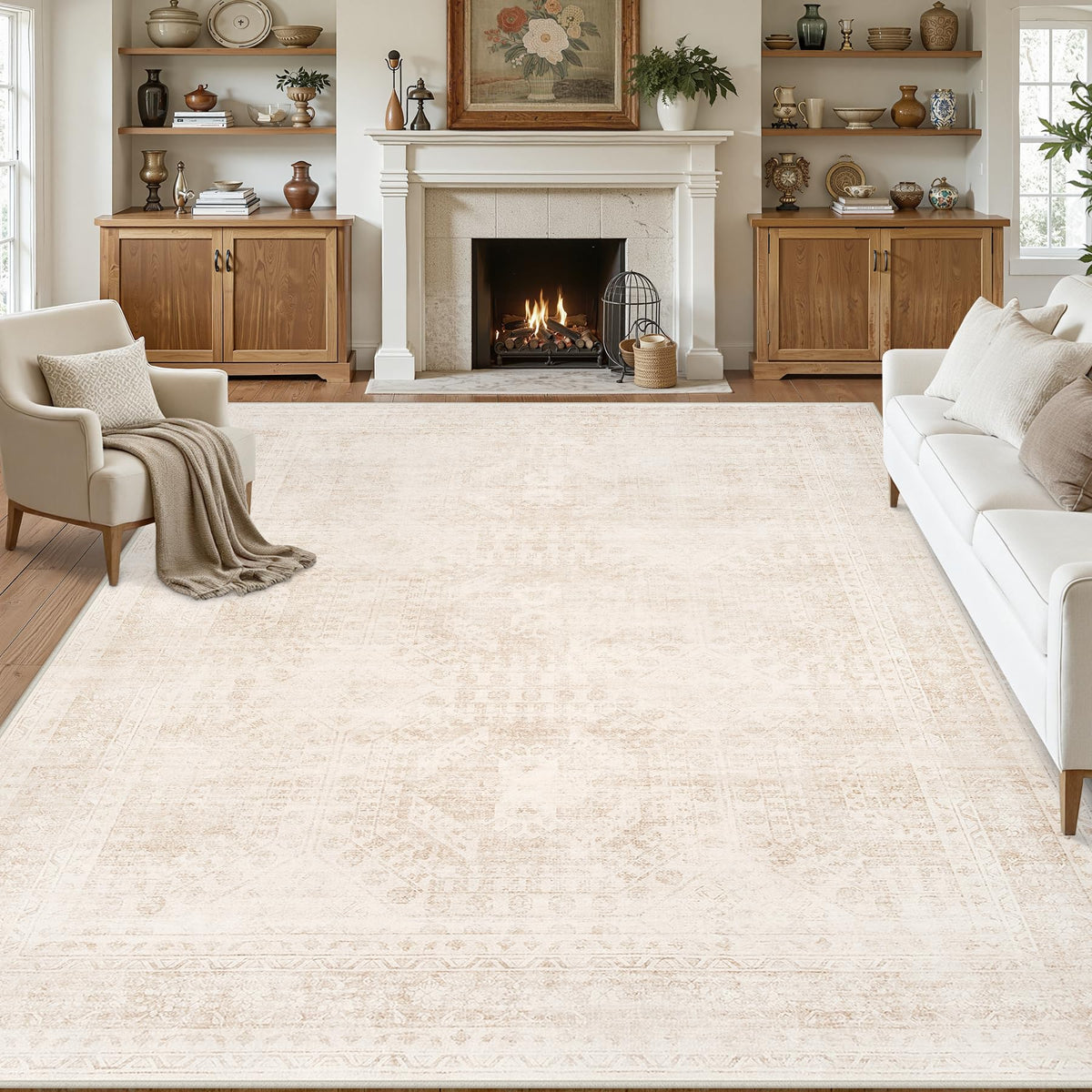 Luxturiy 8x10 vintage beige rug with soft fiber texture for timeless living room decor.