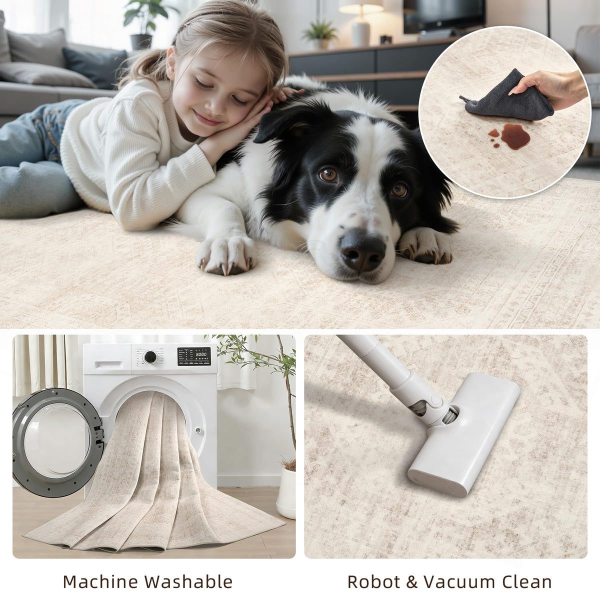 Luxturiy pet and kid-friendly rug withstands daily play.