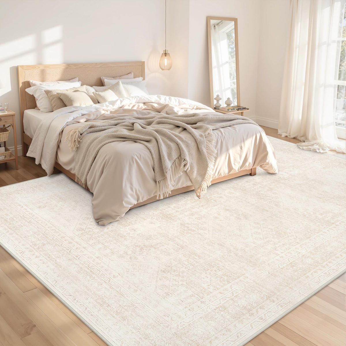 Luxturiy vintage beige rug close-up shows plush fibers and comfort.