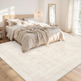 Luxturiy vintage beige rug close-up shows plush fibers and comfort.