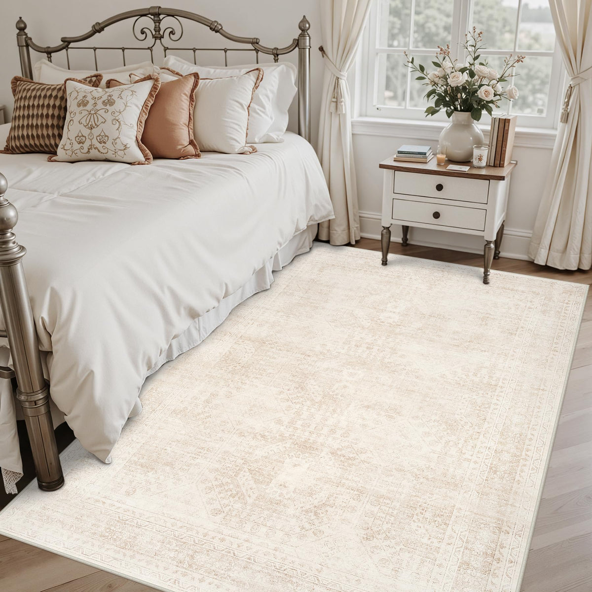 Luxturiy vintage boho beige rug complements retro or modern decor.