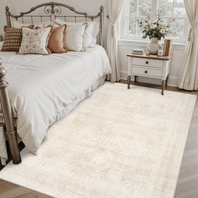 Luxturiy vintage boho beige rug complements retro or modern decor.