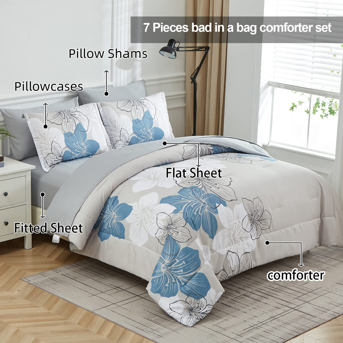 Luxudecor blue floral design close-up for a calming bedroom aesthetic.