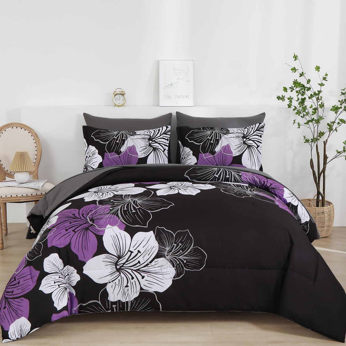 Luxudecor floral comforter queen on purple blossoms with black background.