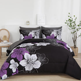 Luxudecor floral comforter queen on purple blossoms with black background.