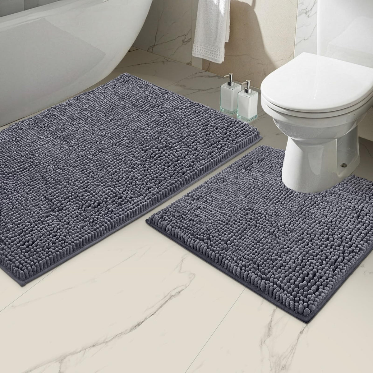 LuxUrux 2 piece bathroom mats plush chenille for soft comfort.