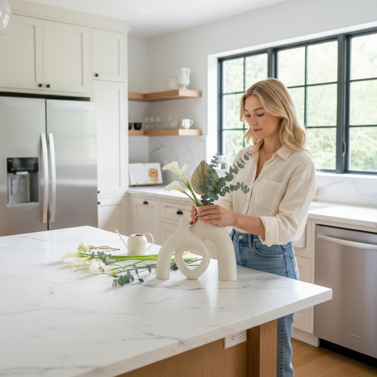 Lvases Boho living room vase Milky White enhances shelves and tables.