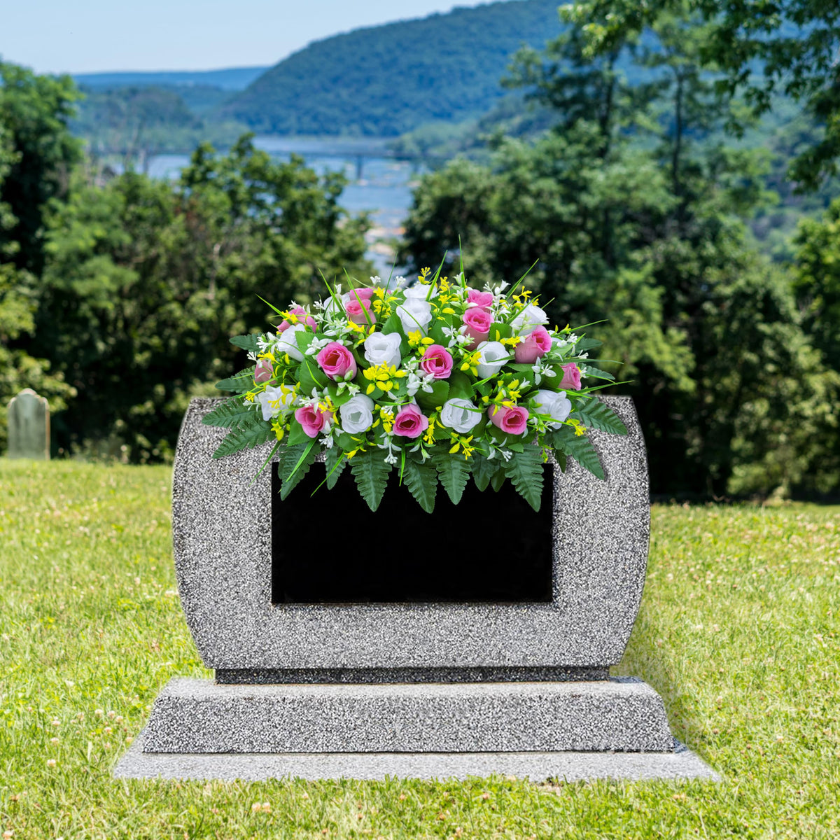 LVXINLI artificial cemetery bouquet close-up, lush 34-rose arrangement for a serene memorial.