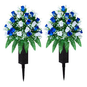 LVXINLI artificial cemetery flowers in dark blue and white roses for lasting memorial decor.
