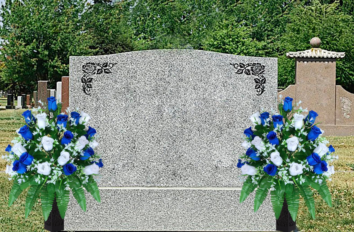 LVXINLI artificial cemetery flowers dark blue and white roses bouquet 02 offers vibrant color retention.