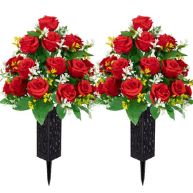 LVXINLI red artificial cemetery flowers on long spikes for stable outdoor memorials