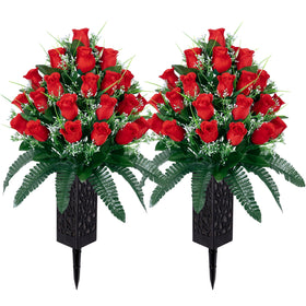 LVXINLI artificial cemetery flowers red rose bouquet with lasting color for memorials