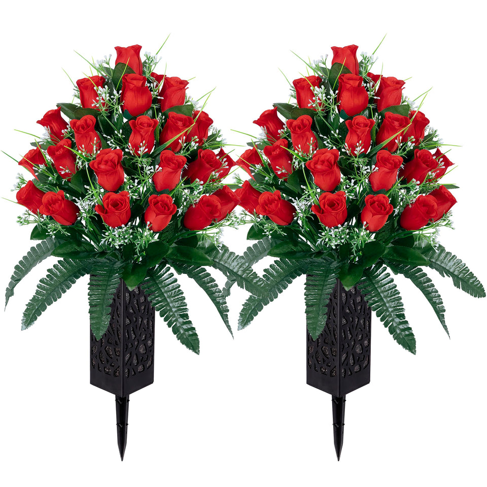 LVXINLI artificial cemetery flowers red rose bouquet with lasting color for memorials