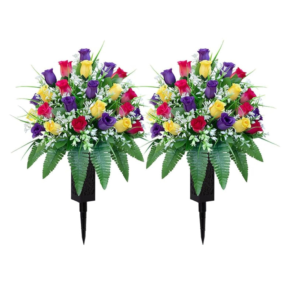 LVXINLI artificial cemetery roses in yellow, purple, red bundles for enduring memorial color.