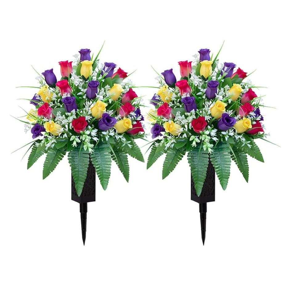 LVXINLI artificial cemetery roses in yellow, purple, red bundles for enduring memorial color.
