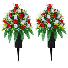 LVXINLI artificial cemetery flowers with red and white roses in two bundles for graveside display