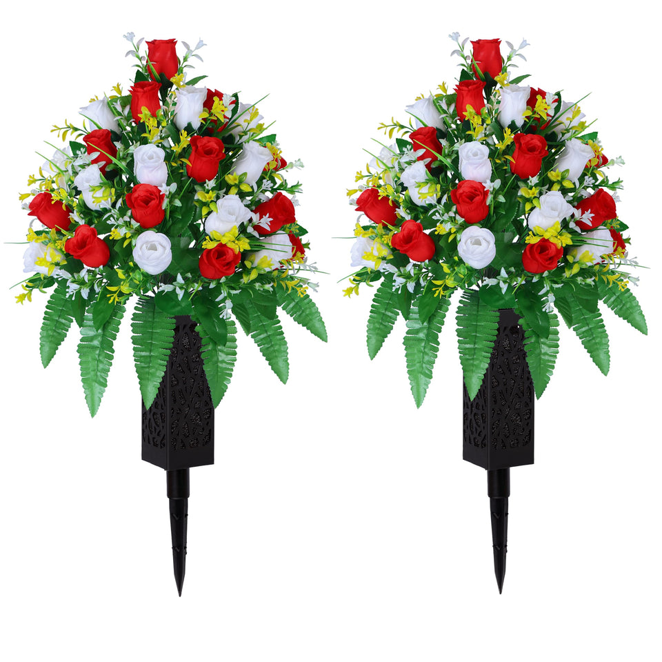 LVXINLI artificial cemetery flowers with red and white roses in two bundles for graveside display
