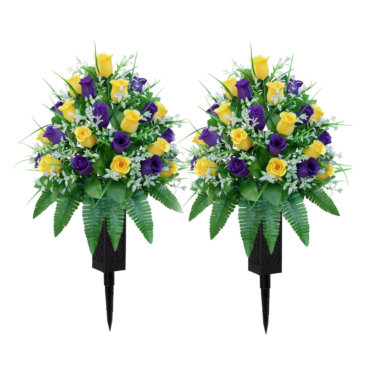 LVXINLI artificial cemetery flowers in yellow and purple, two-bundle setup for a stable gravesite display.
