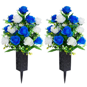 LVXINLI cemetery flowers in dark blue vase with drainage holes for stable outdoor memorials.
