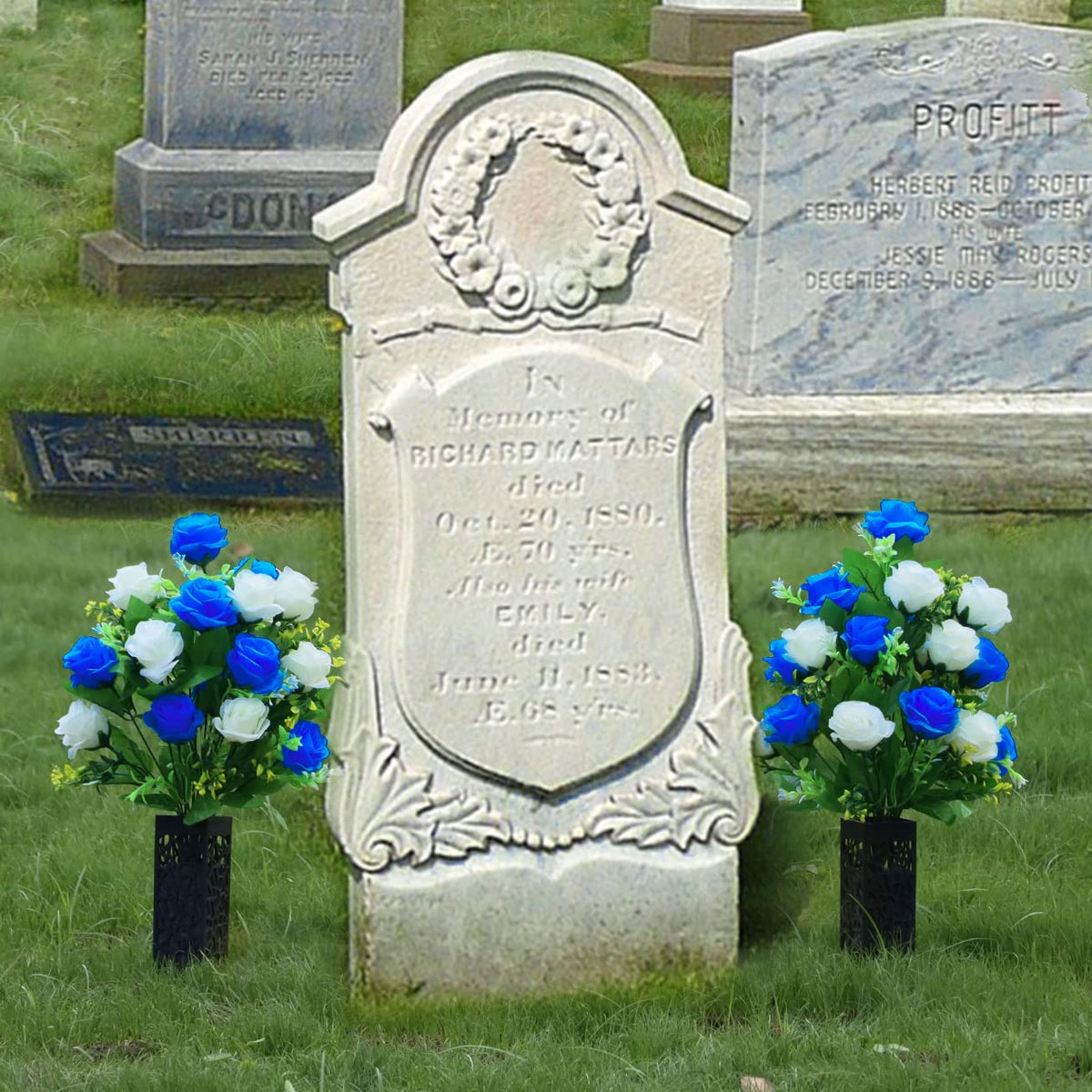 LVXINLI memorial flowers two bouquets and two vases ready for cemetery display.