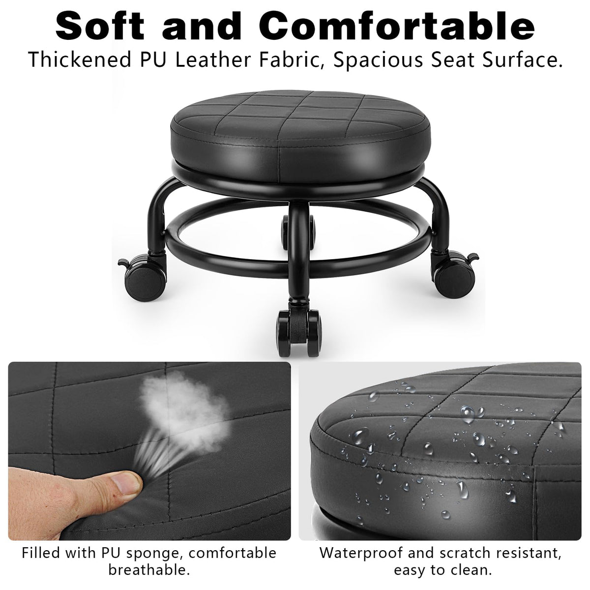 LWADALN low roller stool front view demonstrates stable 360° mobility.