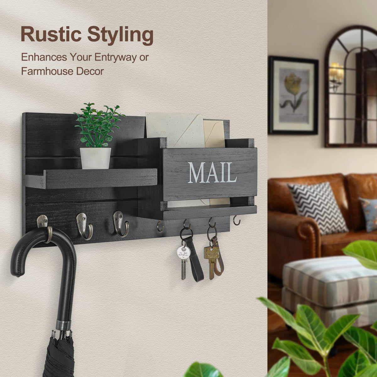 Lwenki black-stained rustic entryway mount with flush hardware detail.