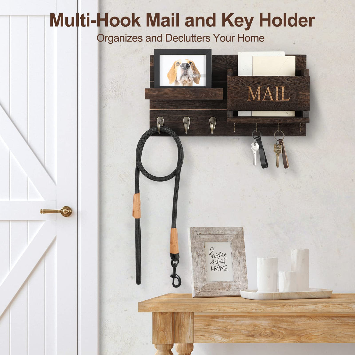 Flush-mount hardware installation example shows clean wall look.