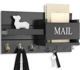 Lwenki wall-mount mail organizer in black with rustic wood finish for organized entryways.