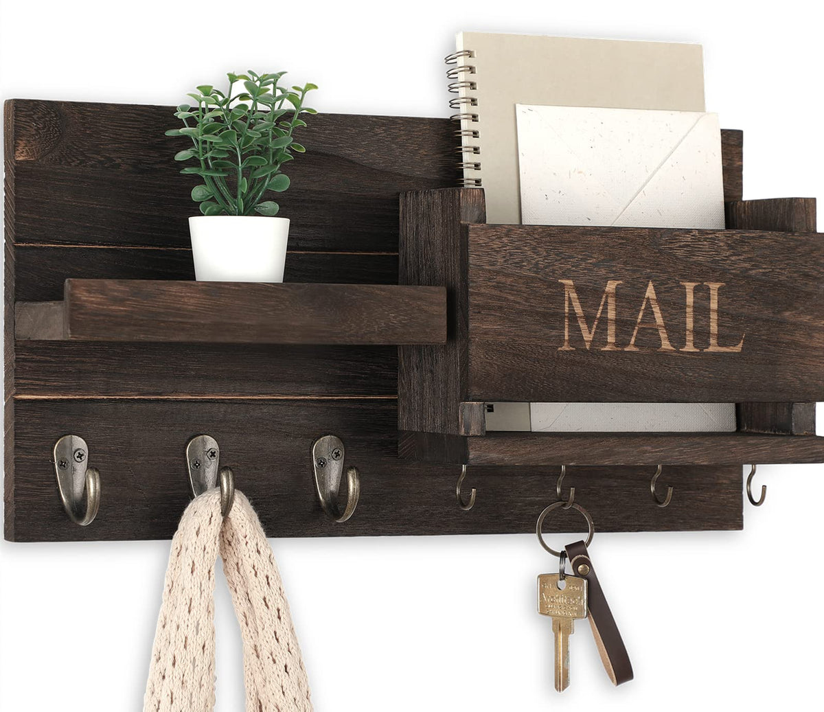 Lwenki wall-mounted mail organizer front view shows rustic brown wood and organized entryway.