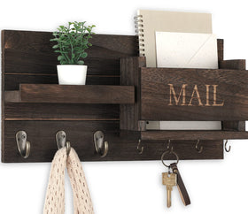 Lwenki wall-mounted mail organizer front view shows rustic brown wood and organized entryway.
