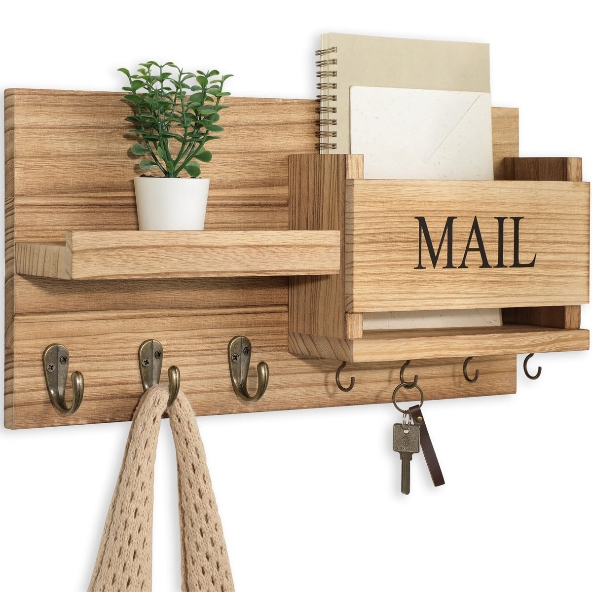 Lwenki mail organizer wall mount with shelf keeps letters and keys organized.