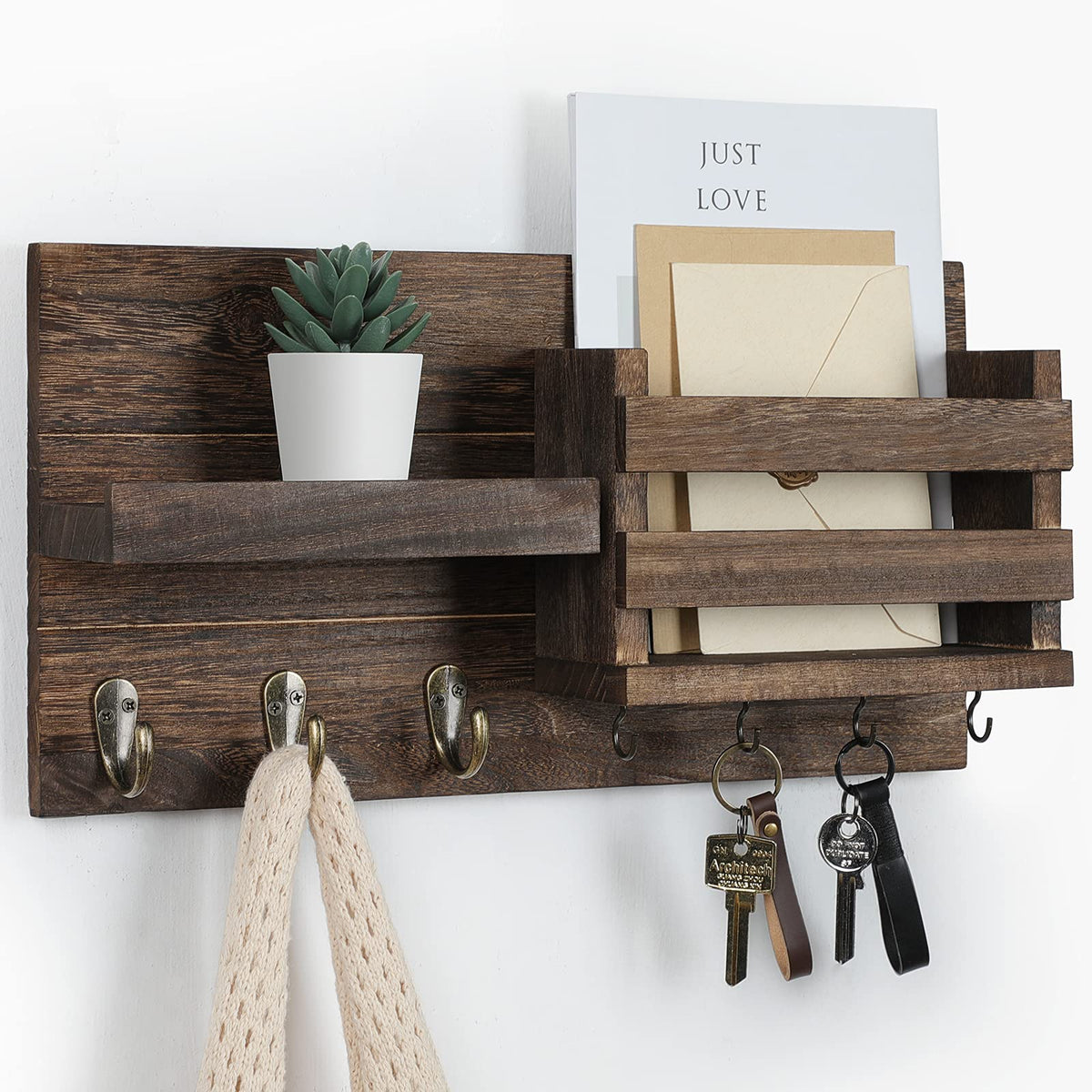 Lwenki mail organizer wall mount with shelf and hooks for entryway organization