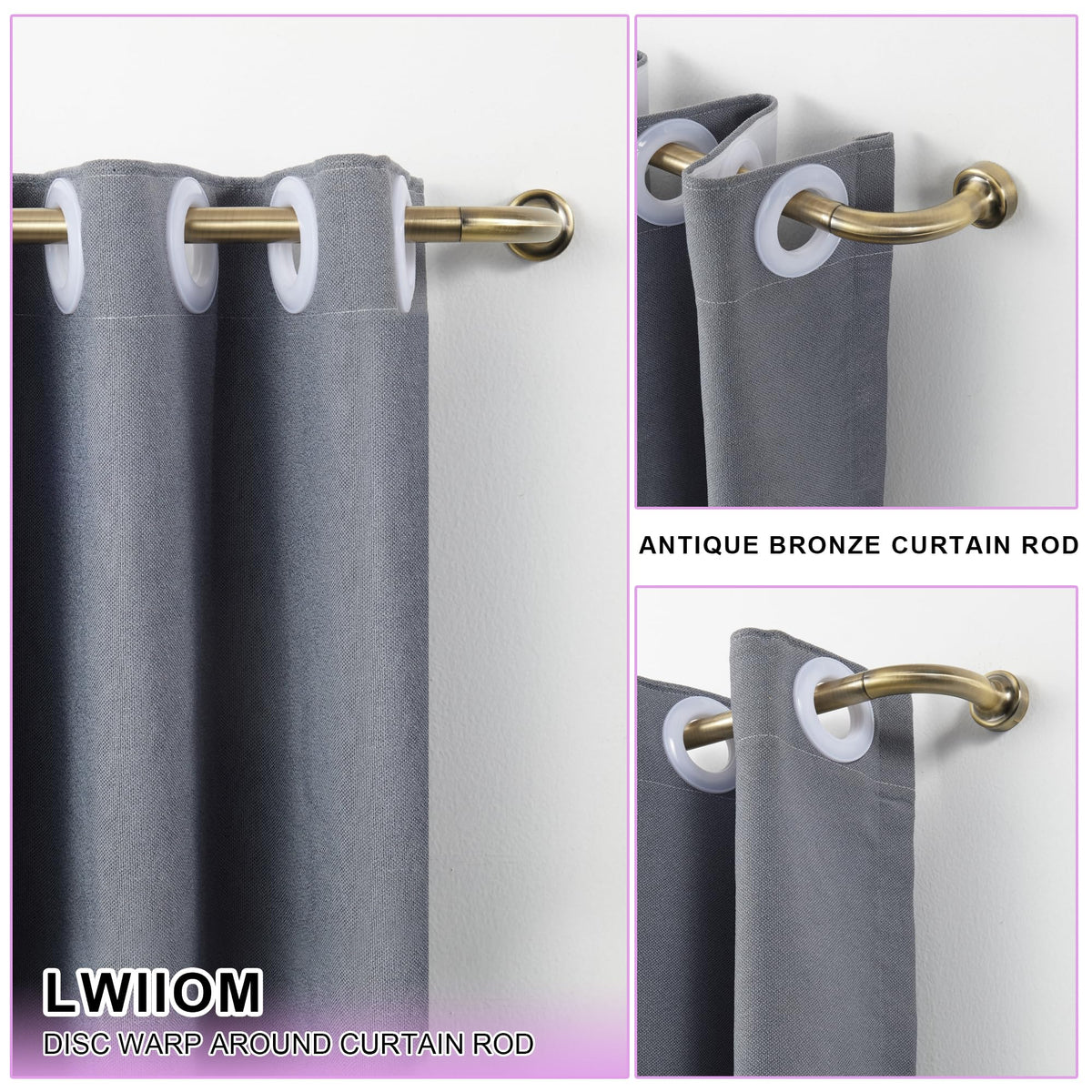 Lwiiom wrap-around disc rod with aluminum finials for a clean window look.