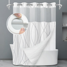 LXBNI No Hook Grey White Striped Shower Curtain with built-in rings for easy on/off in the bathroom