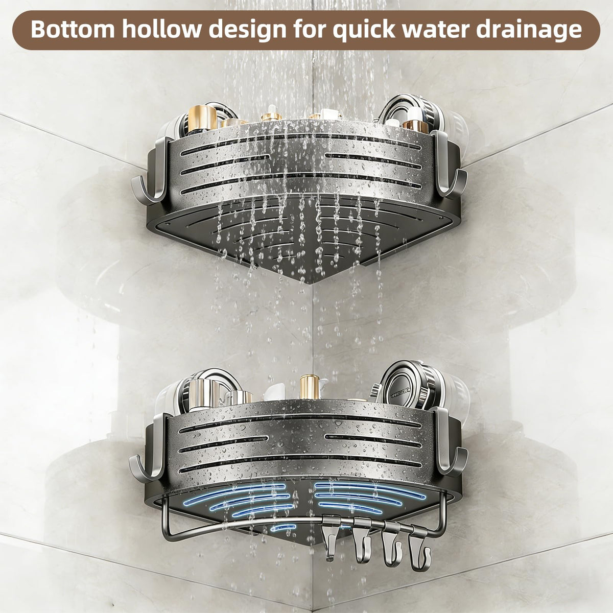 Raised guardrail prevents tall bottles from tipping during showers.