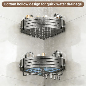Raised guardrail prevents tall bottles from tipping during showers.