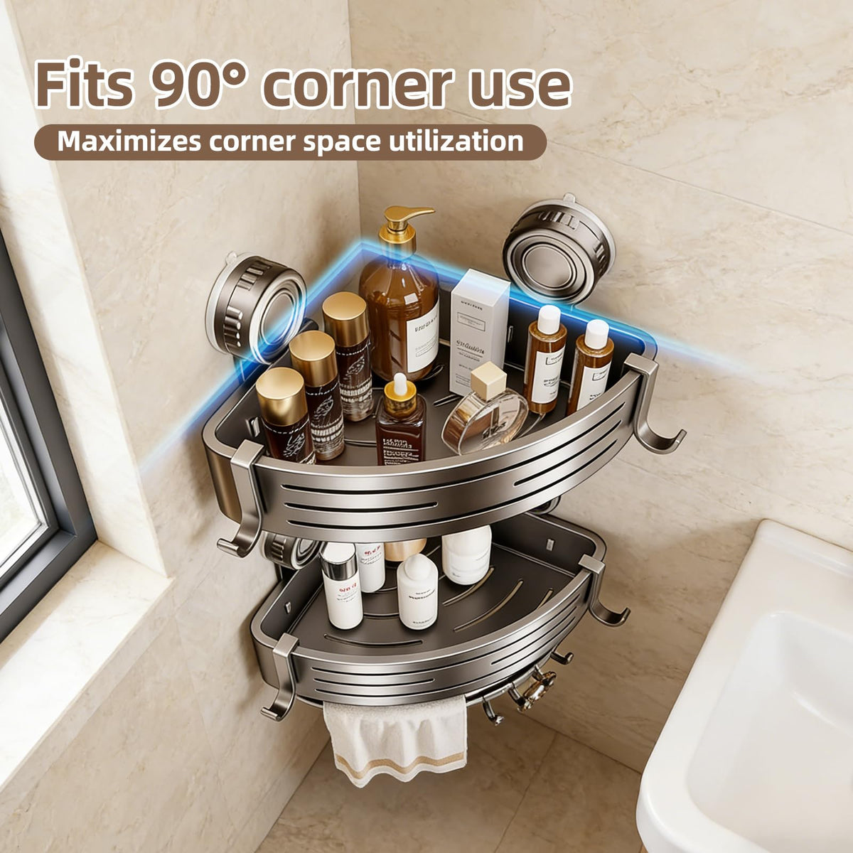 Integrated rod and hooks add space for loofahs and towels.