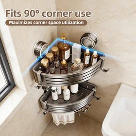Integrated rod and hooks add space for loofahs and towels.