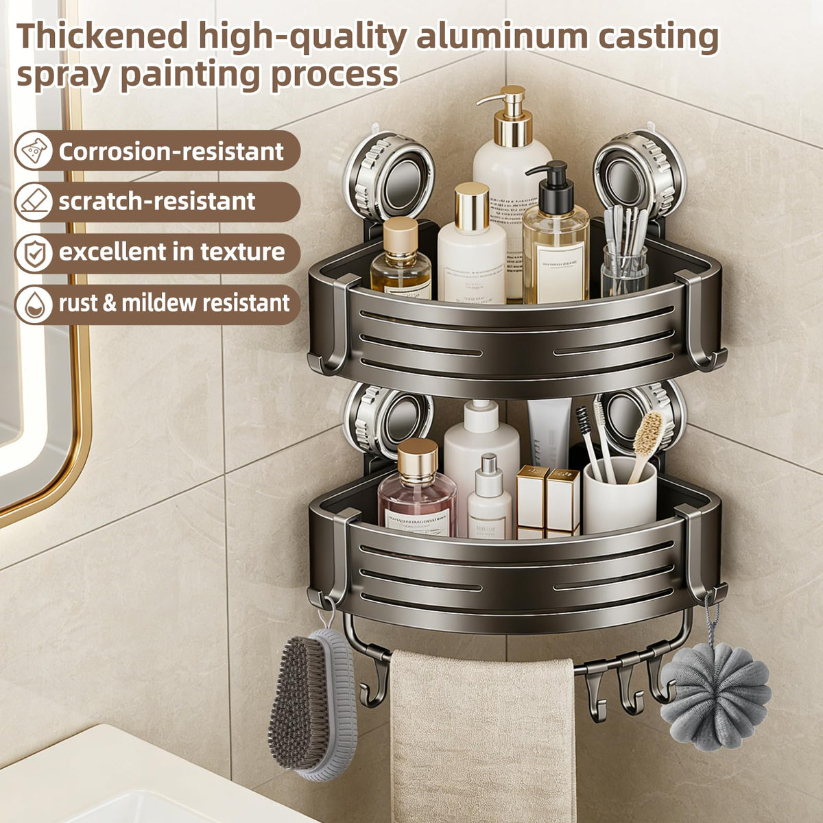 Integrated tall-bottle stability keeps shampoo and conditioner upright.