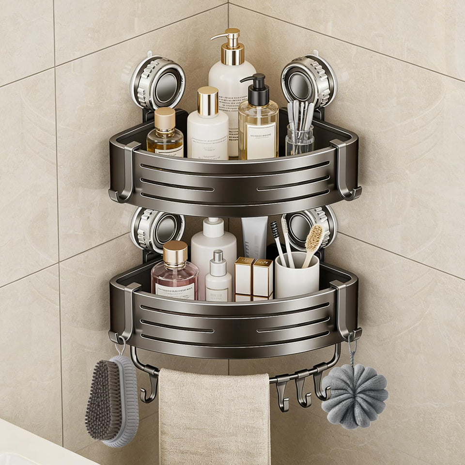 LxBrillxiant corner shower caddy with suction cup installation for damage-free setup.