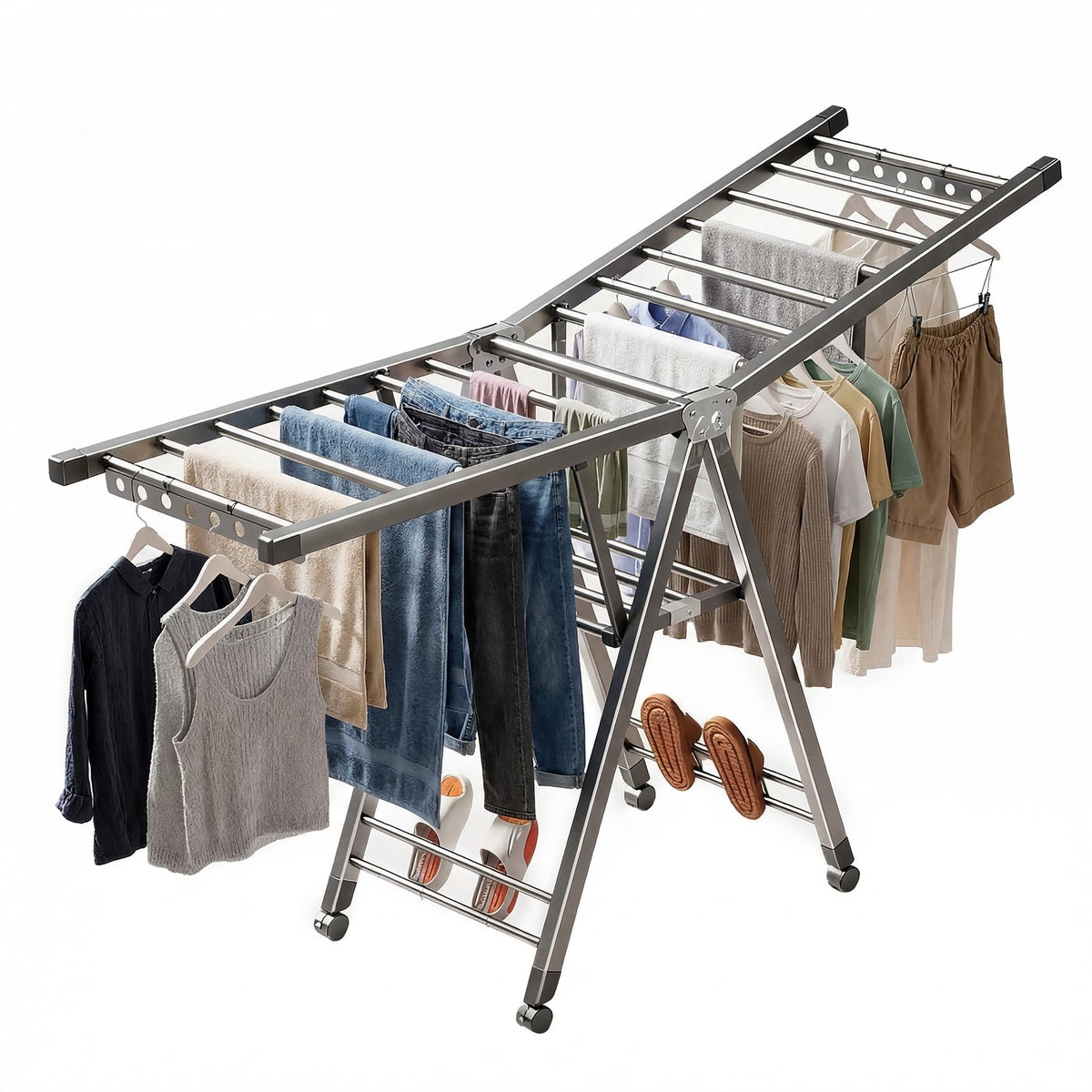 LxBrillxiant heavy-duty drying rack with wheels for easy room-to-room transport.