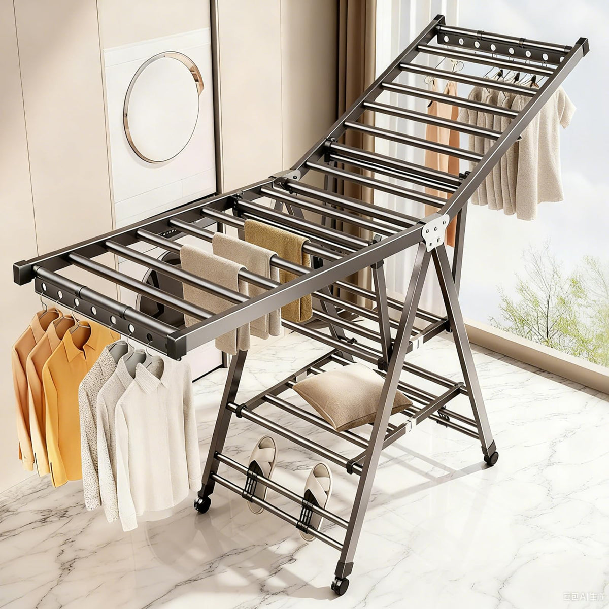 Space-saving, all-in-one drying rack suitable for indoor and outdoor use.