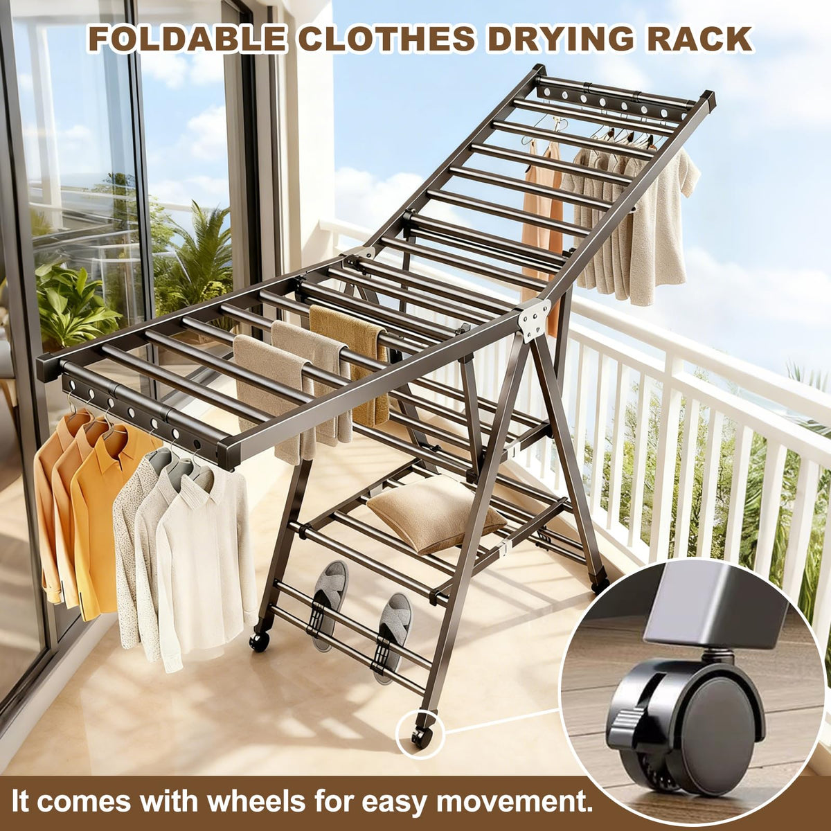 Vertical storage design on LxBrillxiant rack maximizing hanging space.