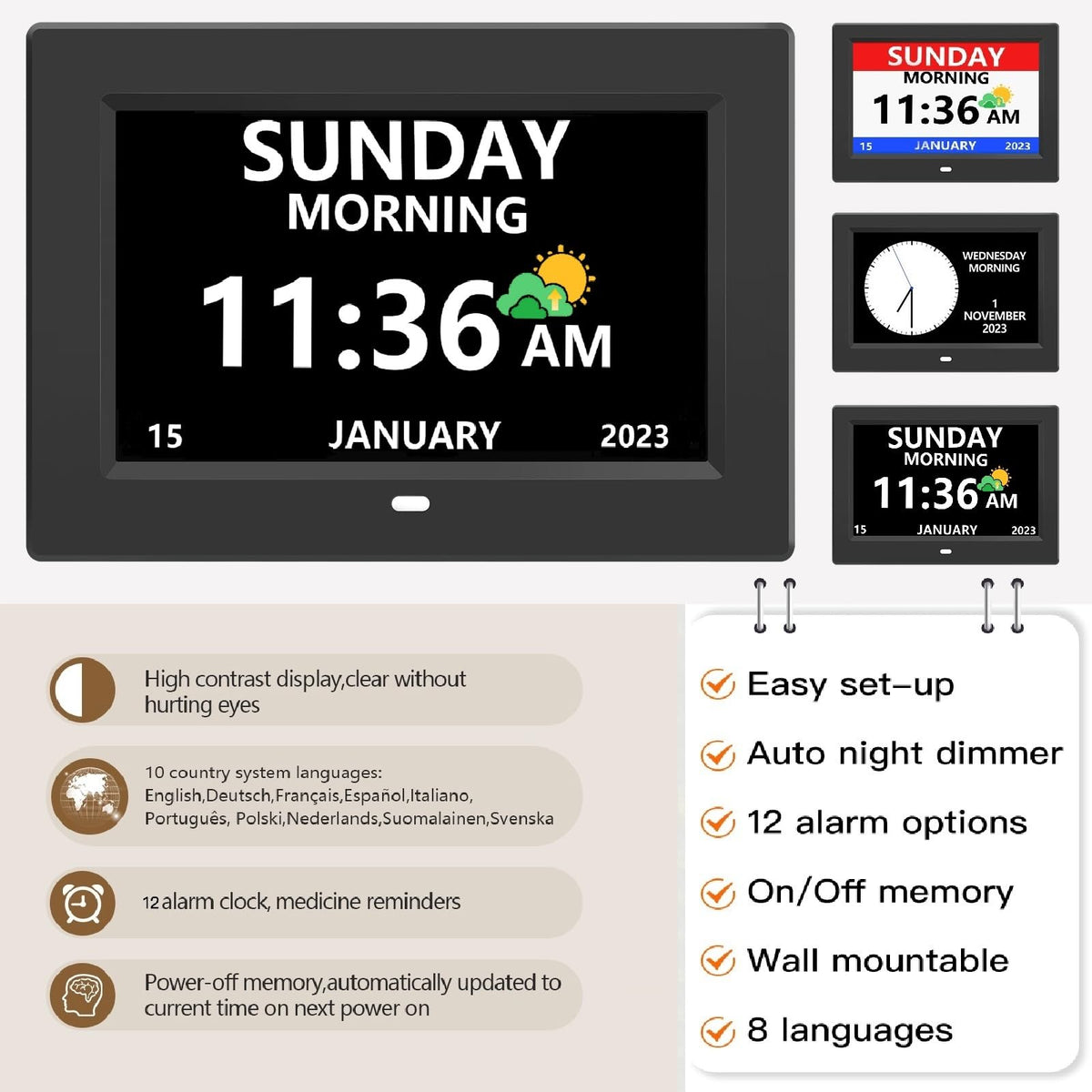 LXBYJKJ clock provides 12 alarms and 3 medicine reminders for routines.