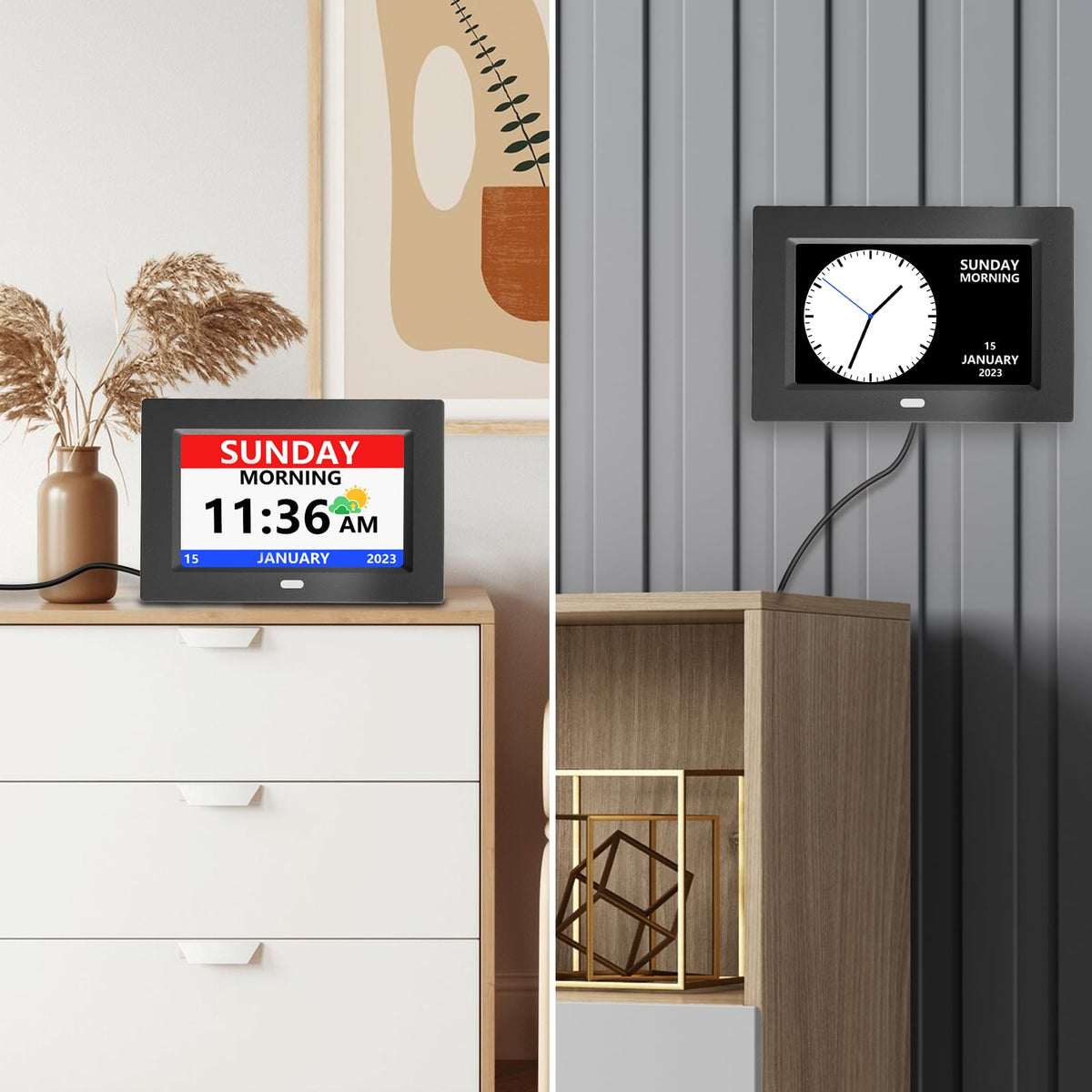 LXBYJKJ clock with period icons indicating morning, afternoon, evening, night.