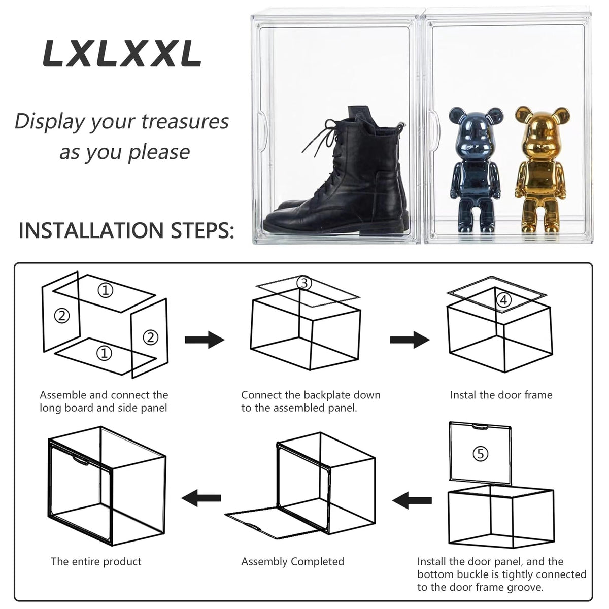 LXLXXL Cosmetics and collectibles storage ready on a shelf.